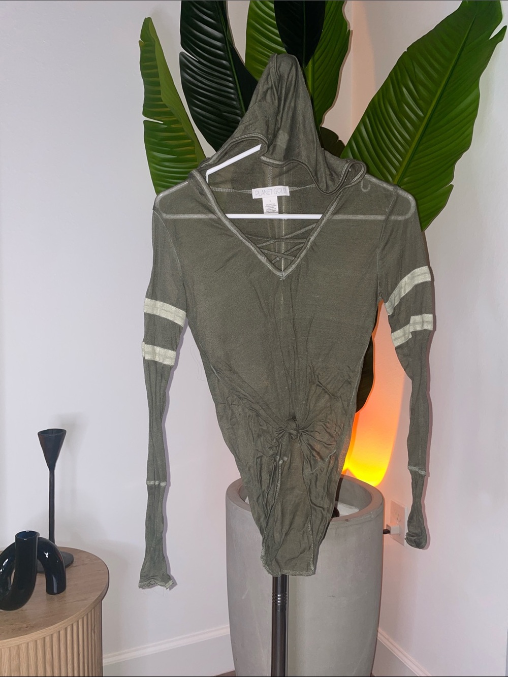 Planet Gold Olive Hooded Bodysuit with White Stripe Accents